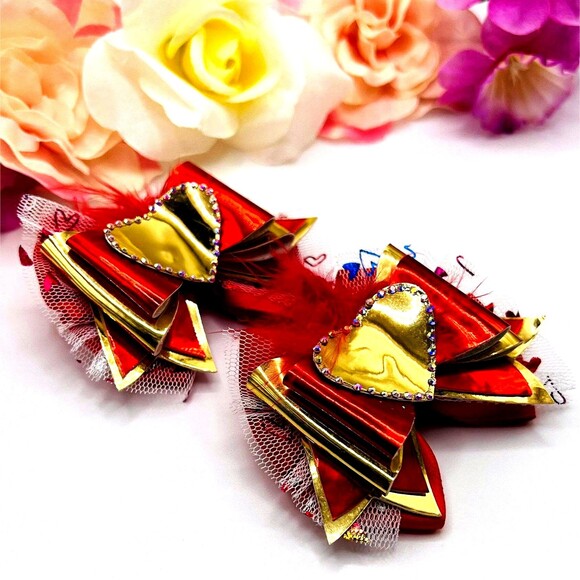 Heart Pigtail Hair Bow Clips Set for Girl Handmade - Picture 4 of 7